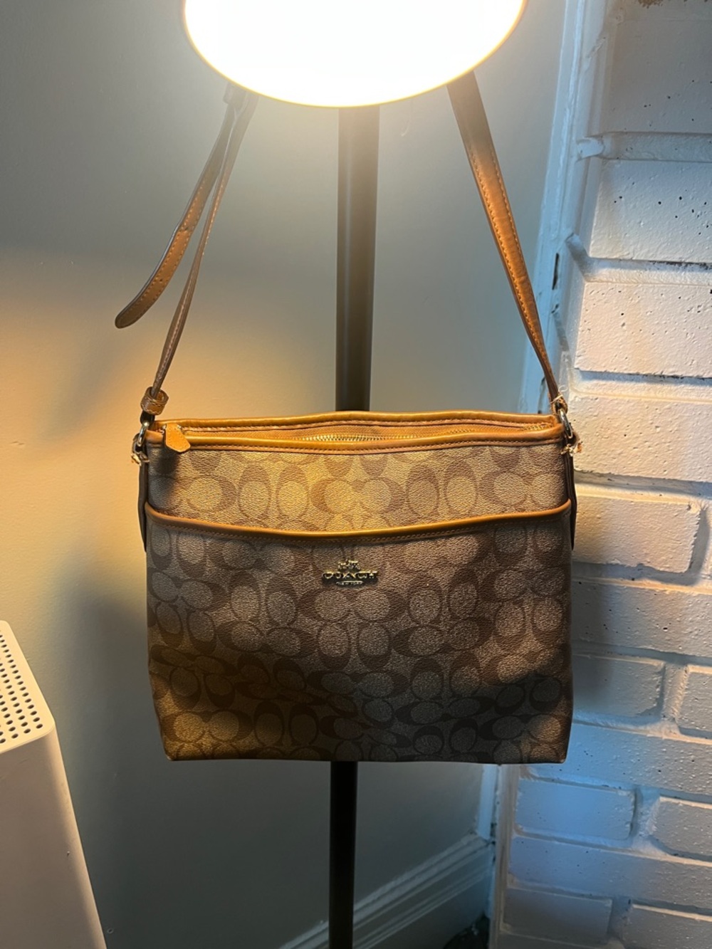 Coach Brown Signature Crossbody with Tan Trim